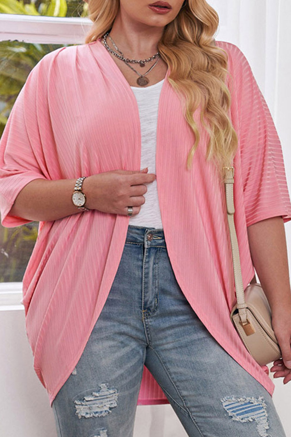 Plus Size Ribbed Cocoon Cover Up - Pink -