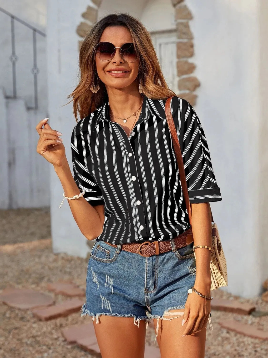 Striped Collared Neck Half Sleeve Shirt - -
