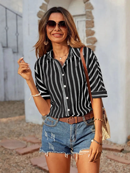 Striped Collared Neck Half Sleeve Shirt - -