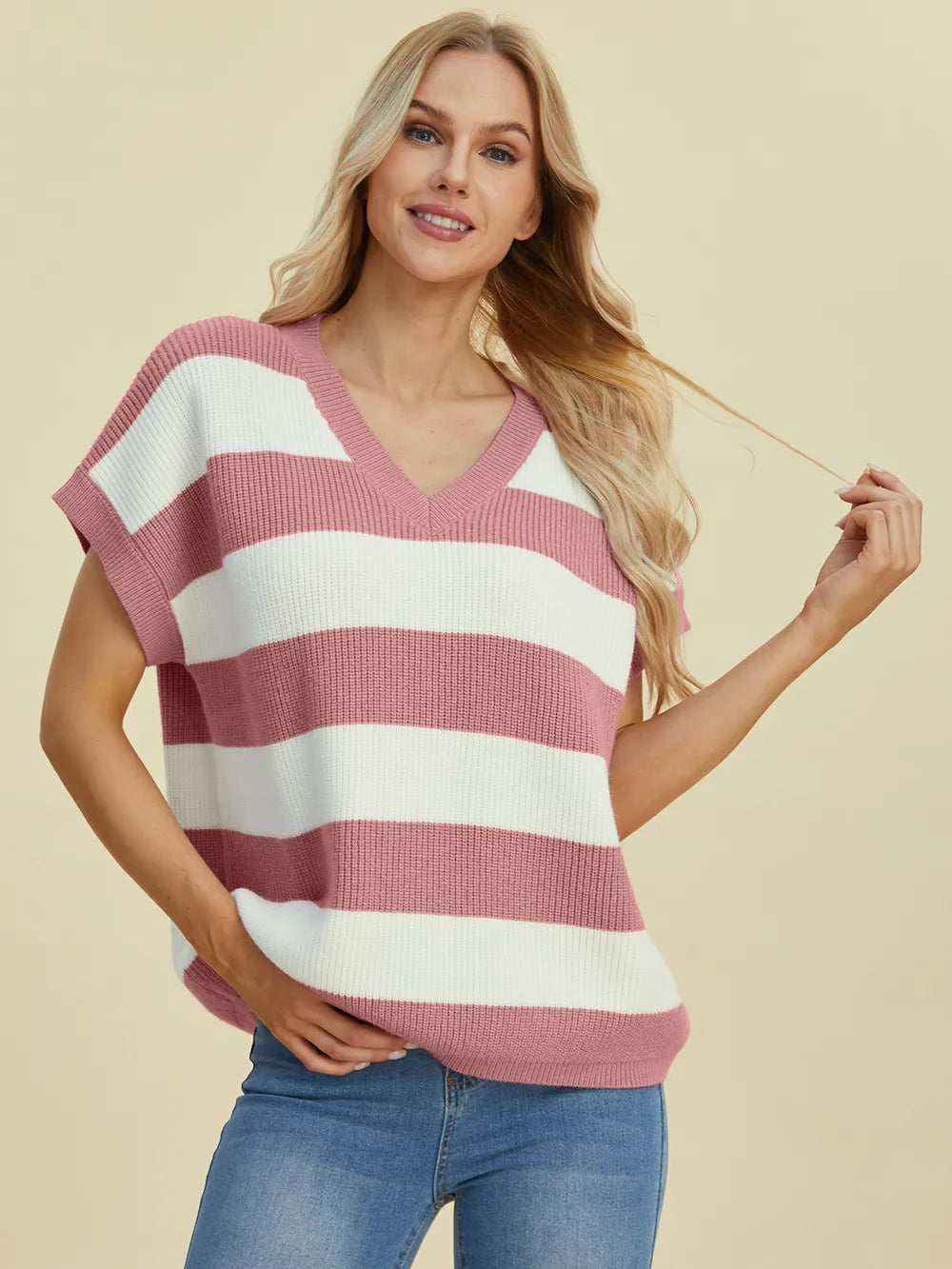 Double Take Full Size Striped V-Neck Short Sleeve Sweater - -