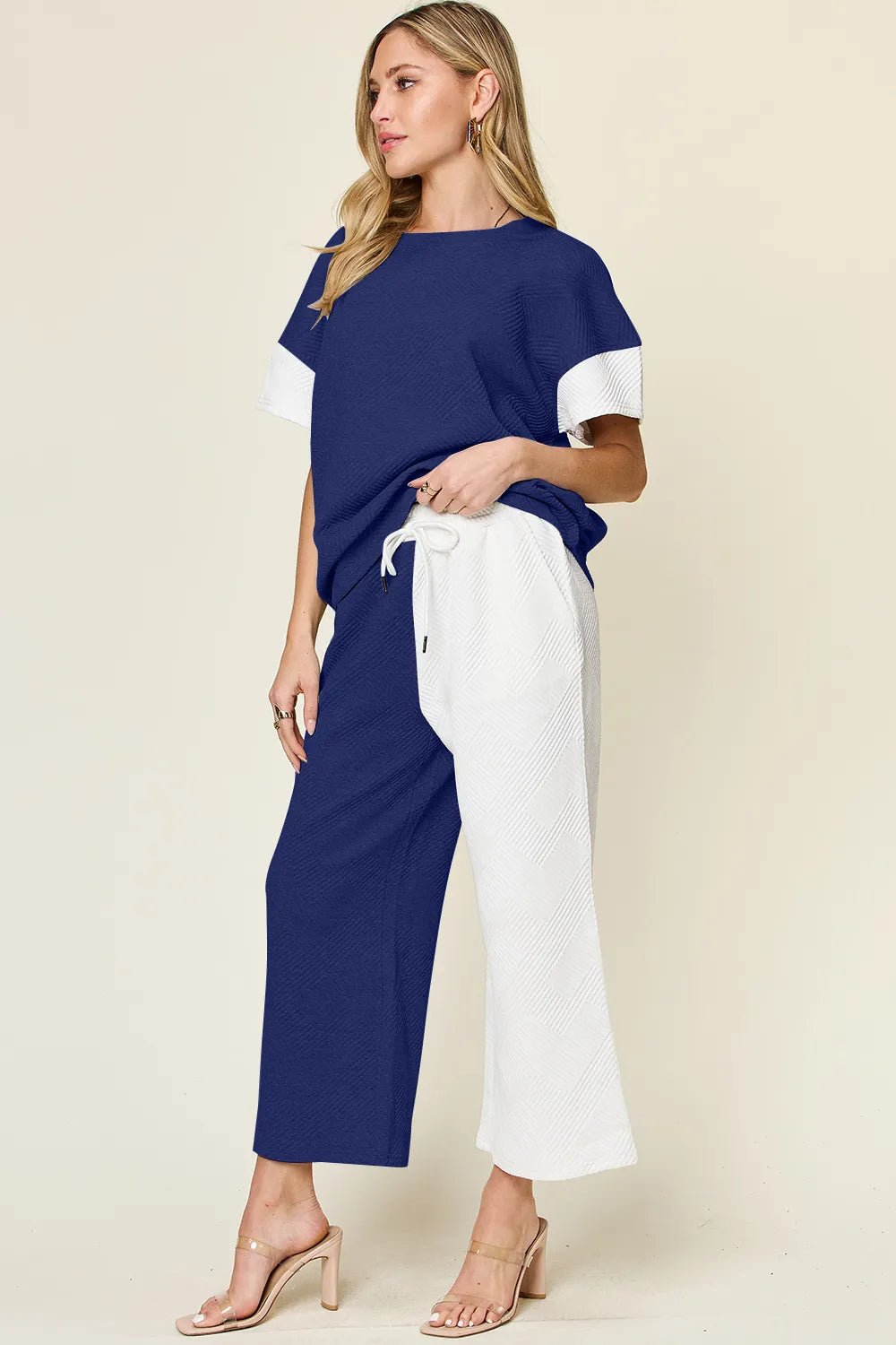 Double Take Full Size Texture Contrast T-Shirt and Wide Leg Pants Set - -