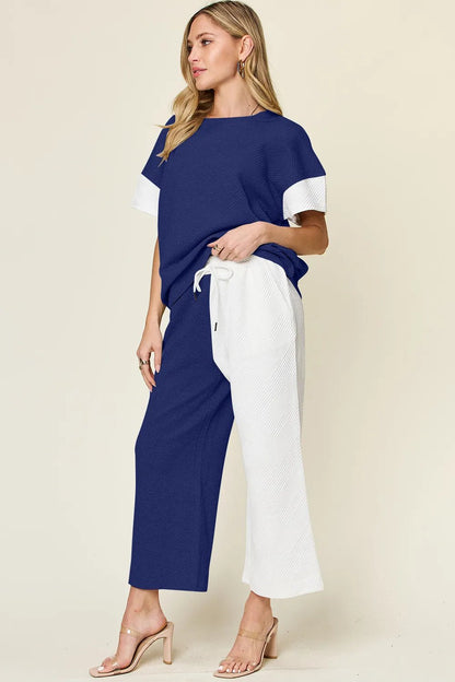 Double Take Full Size Texture Contrast T-Shirt and Wide Leg Pants Set - -