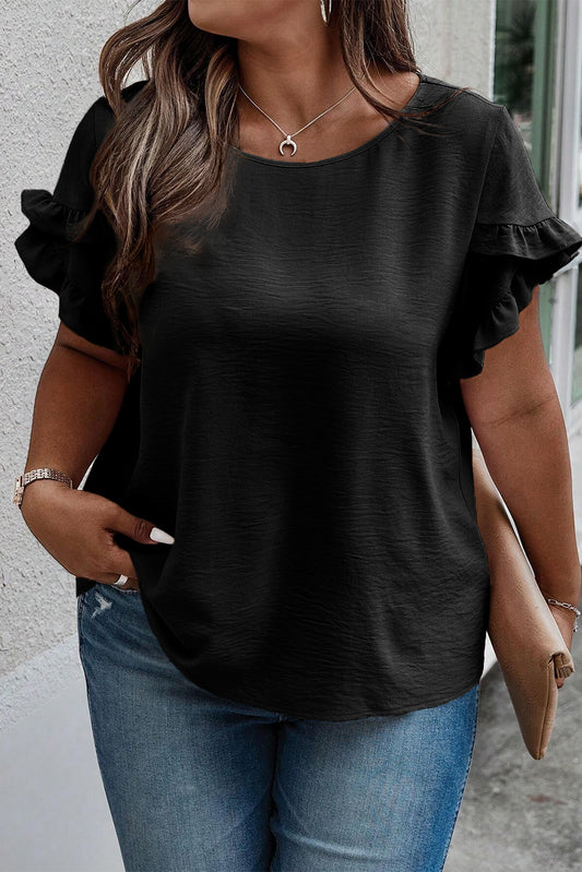 Plus Size Ruffled Round Neck Short Sleeve Blouse - Black -