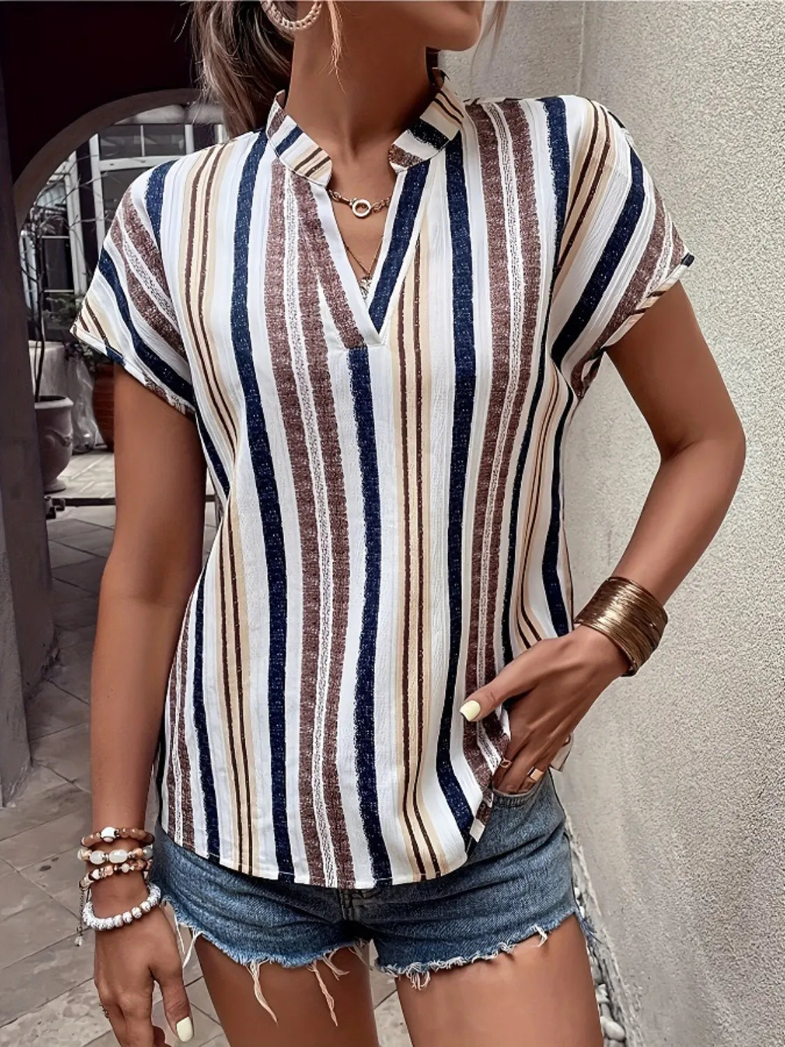 Striped Notched Short Sleeve Shirt - -