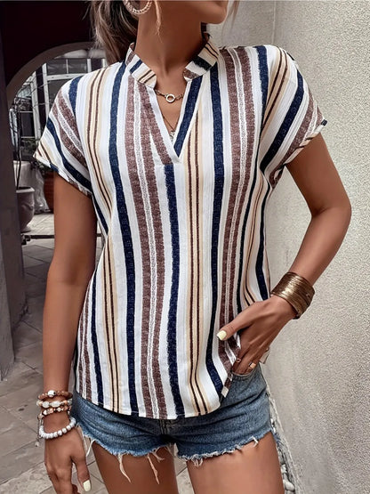 Striped Notched Short Sleeve Shirt - -