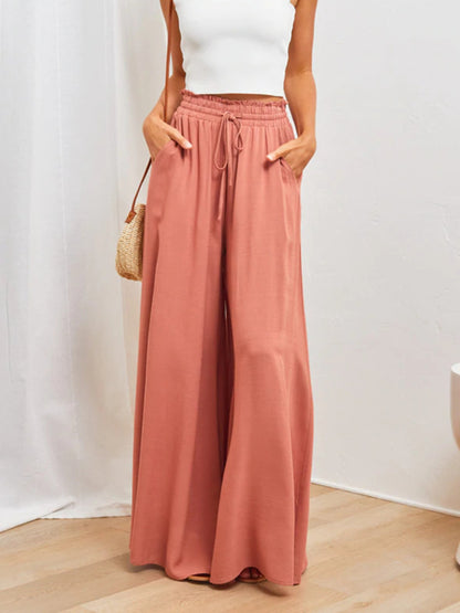 Wide-Leg High Waist Pants – Lightweight, Flowy Fit with Pockets - -