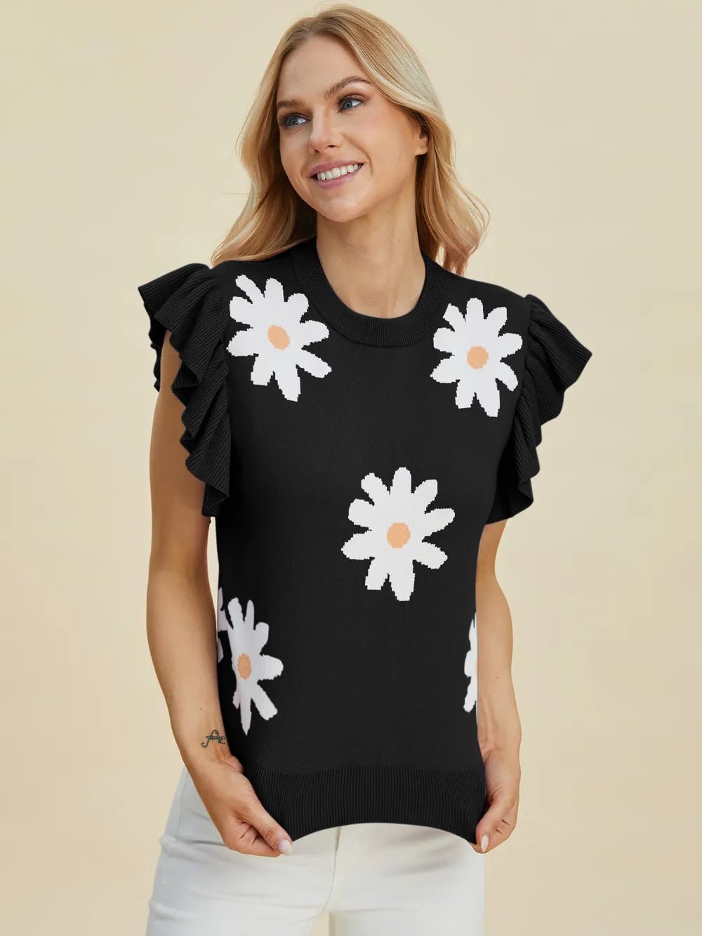 Double Take Full Size Ruffled Flower Round Neck Cap Sleeve Sweater – | Shannon’s Chique Boutique