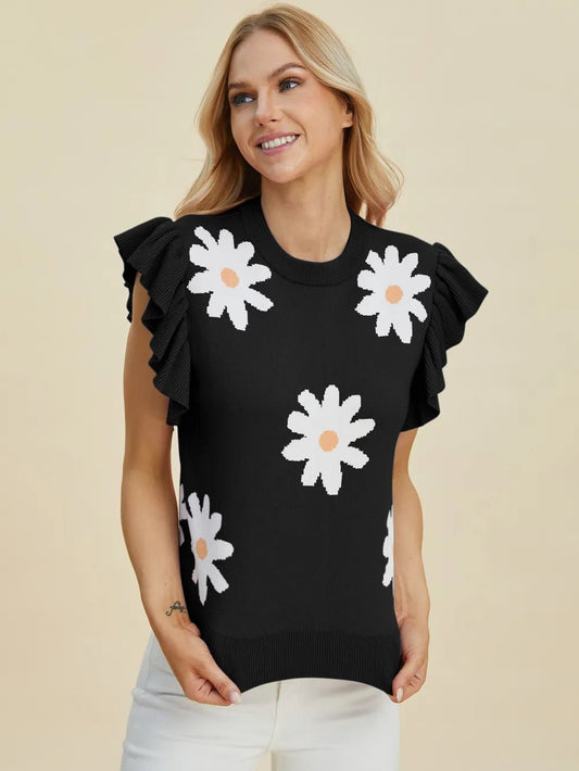 Double Take Full Size Ruffled Flower Round Neck Cap Sleeve Sweater – | Shannon’s Chique Boutique