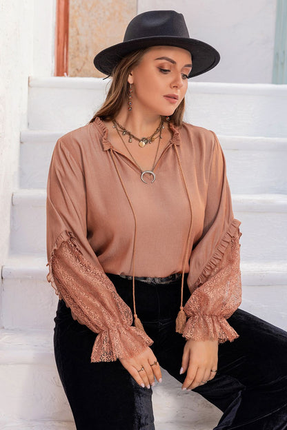 Plus Size Tie Neck Flounce Sleeve Blouse - Dusty Pink -