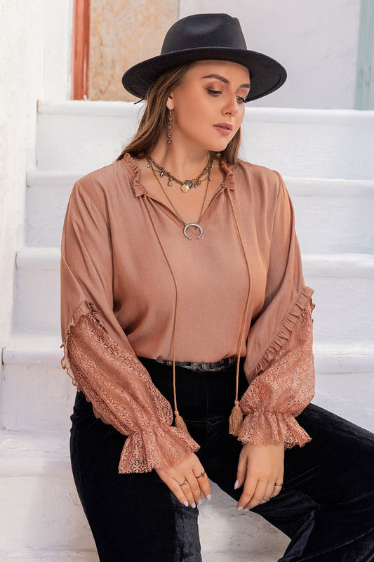 Plus Size Tie Neck Flounce Sleeve Blouse - Dusty Pink -