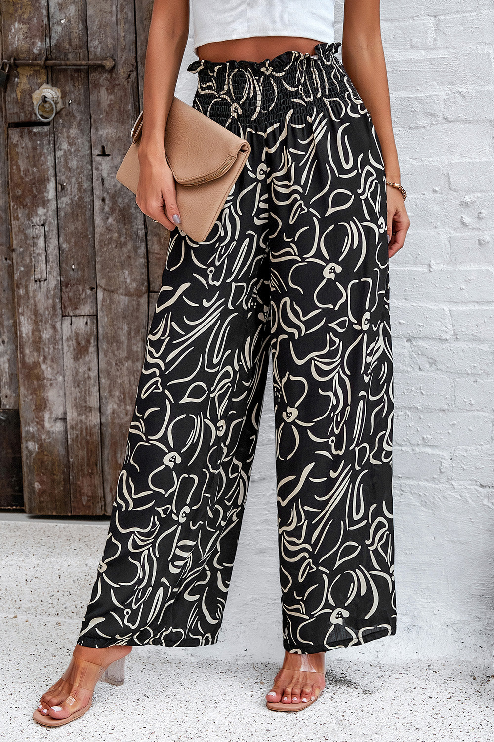 Devine Smocked Printed Wide Leg Pants with Pockets