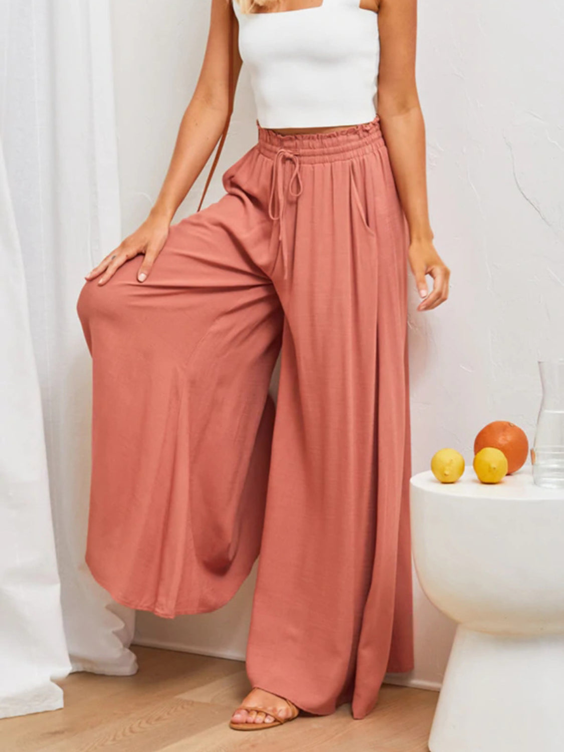 Wide-Leg High Waist Pants – Lightweight, Flowy Fit with Pockets - Coral -