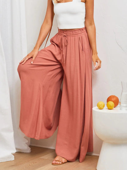 Wide-Leg High Waist Pants – Lightweight, Flowy Fit with Pockets - Coral -