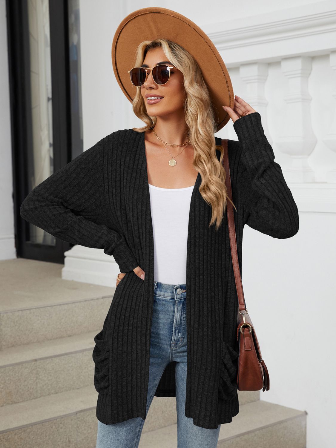 Pocketed Open Front Long Sleeve Cardigan - -
