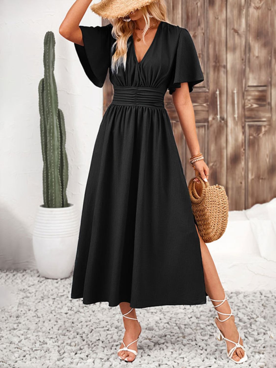 Side Slit Surplice Flutter Sleeve Midi Dress - Black -