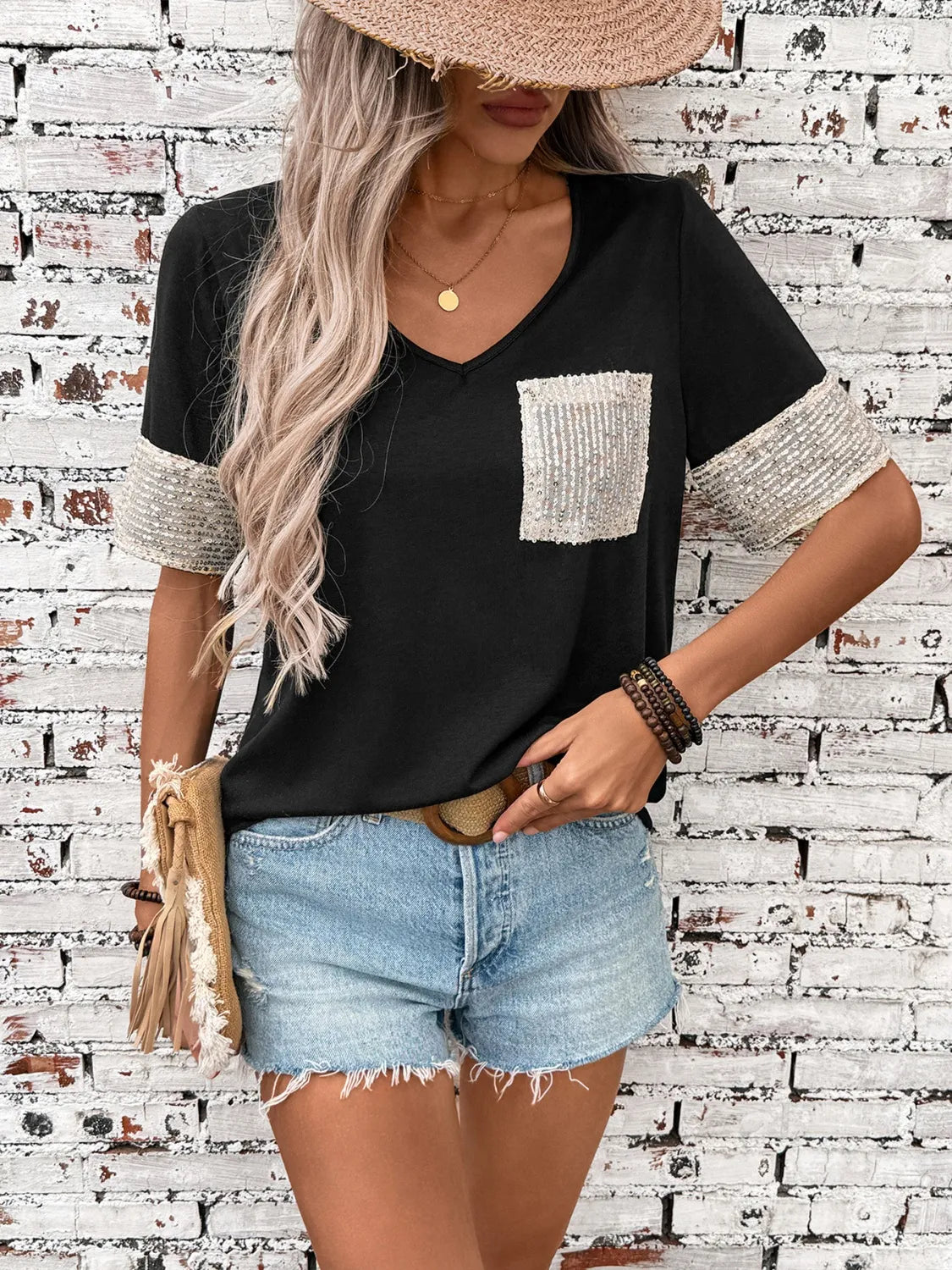 Sequin V-Neck Short Sleeve T-Shirt - -