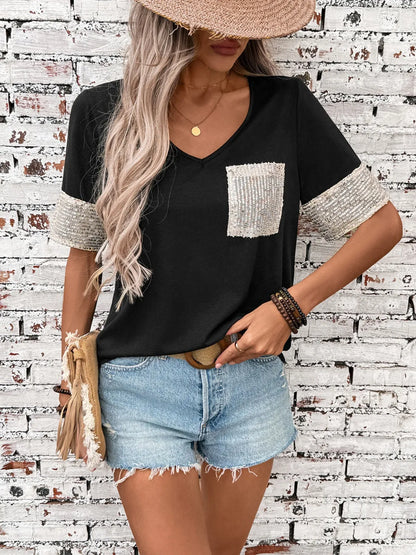 Sequin V-Neck Short Sleeve T-Shirt - -