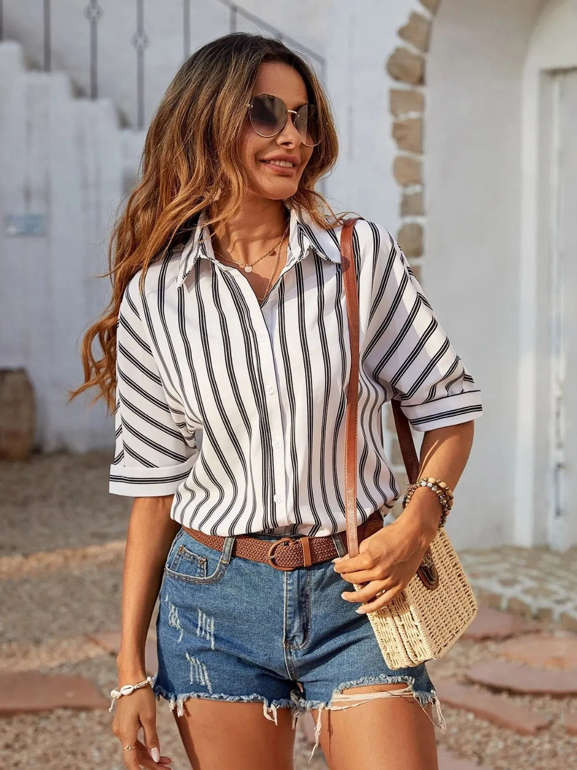 Striped Collared Neck Half Sleeve Shirt - White -
