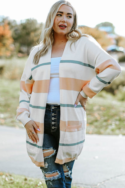 Plus Size Striped Open Front Cardigan - -