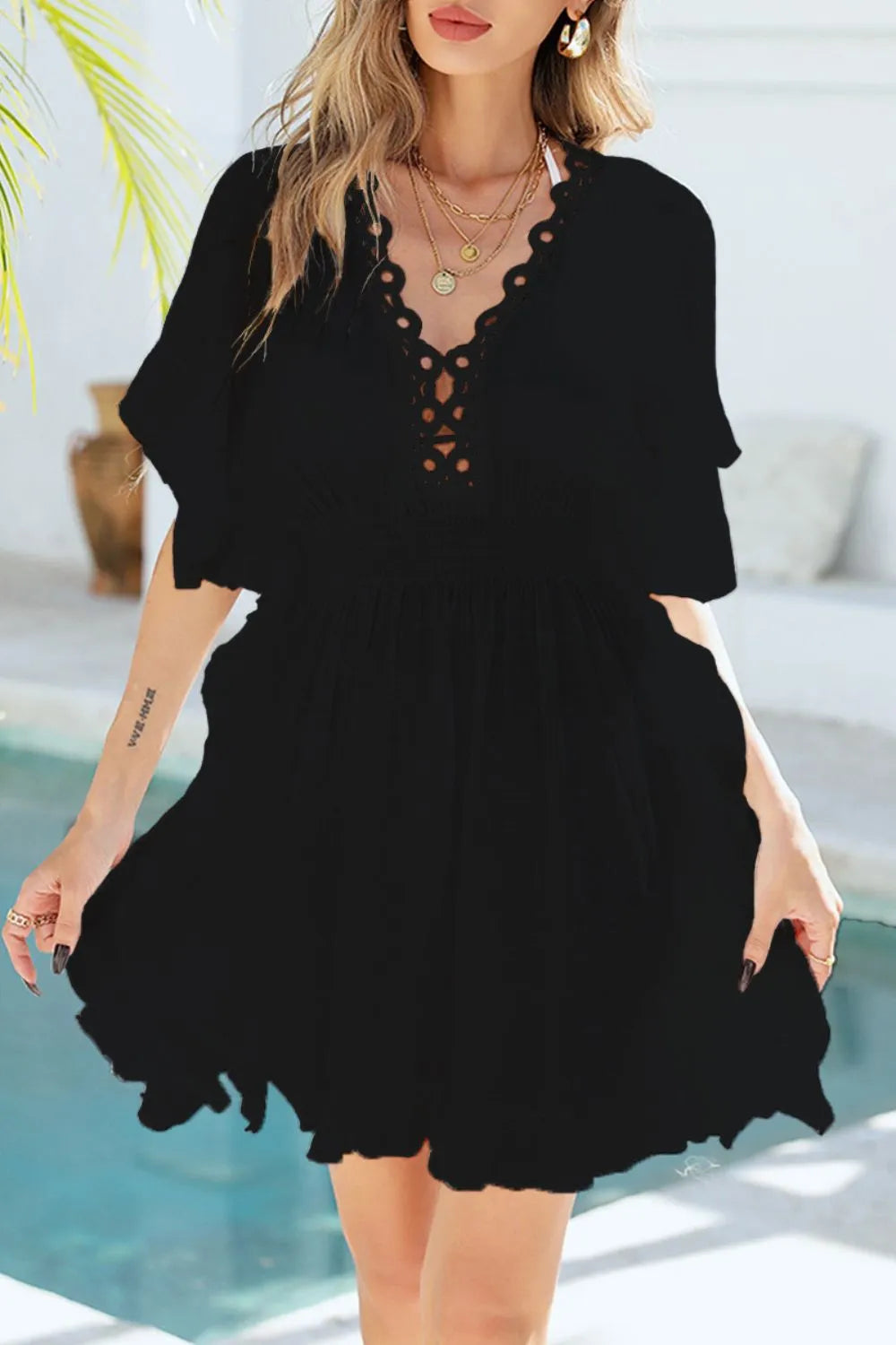 Ruffled Smocked Waist V-Neck Cover-Up - Black One Size -