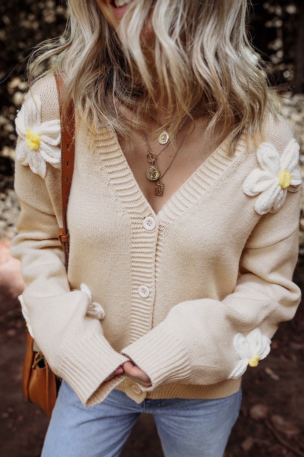 Flower Dropped Shoulder Long Sleeve Cardigan