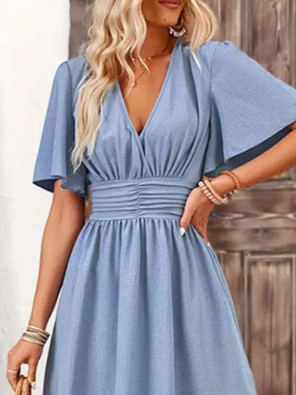 Side Slit Surplice Flutter Sleeve Midi Dress - -
