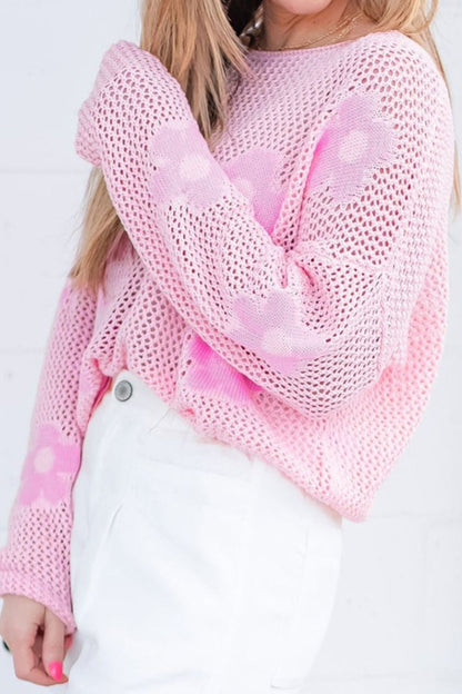 Flower Boat Neck Long Sleeve Knit Cover Up