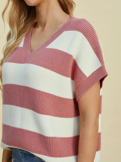 Double Take Full Size Striped V-Neck Short Sleeve Sweater - -