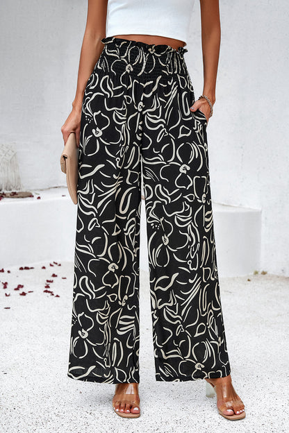 Devine Smocked Printed Wide Leg Pants with Pockets