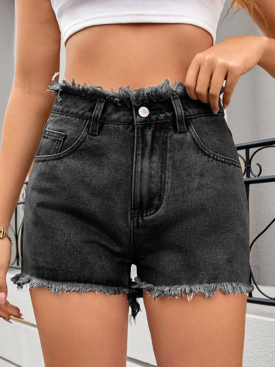 Washed Raw Hem Denim Shorts - Black -