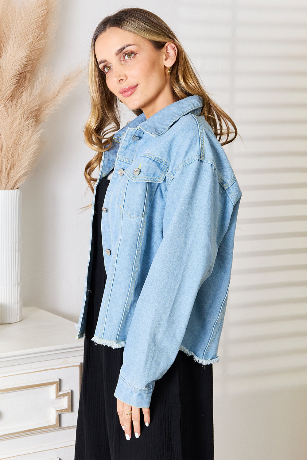 Double Take Dropped Shoulder Raw Hem Denim Jacket – | Shannon’s Chique Boutique