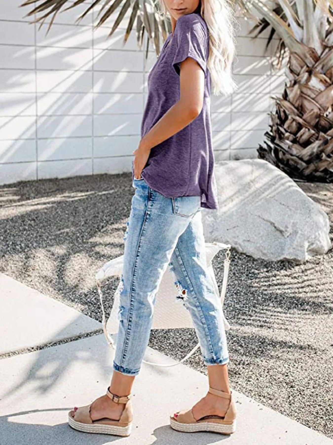 Full Size Notched Short Sleeve T-Shirt Plus Size - -