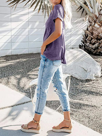 Full Size Notched Short Sleeve T-Shirt Plus Size - -