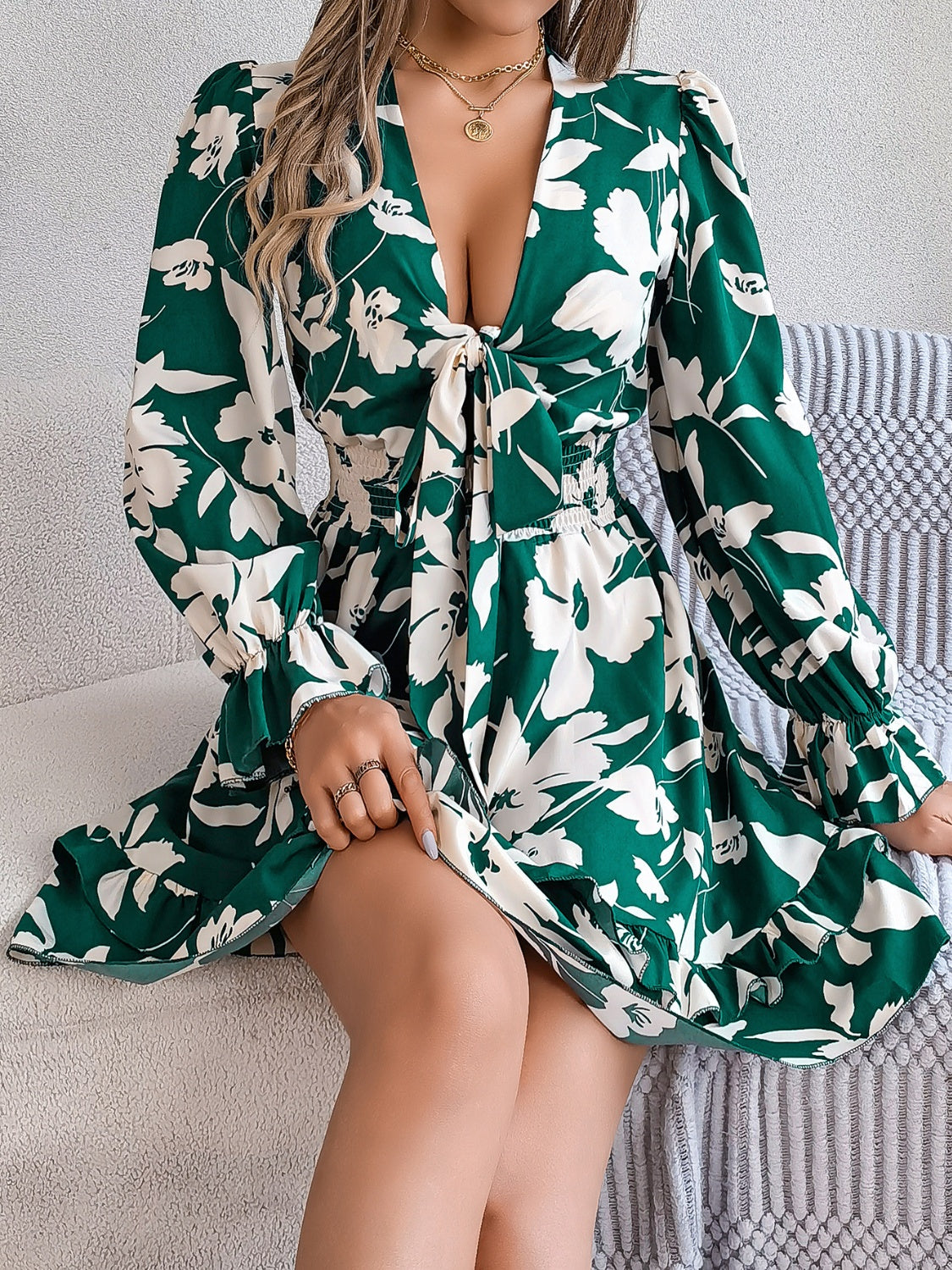Tied Ruffled Printed Long Sleeve Dress - -