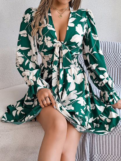 Tied Ruffled Printed Long Sleeve Dress - -