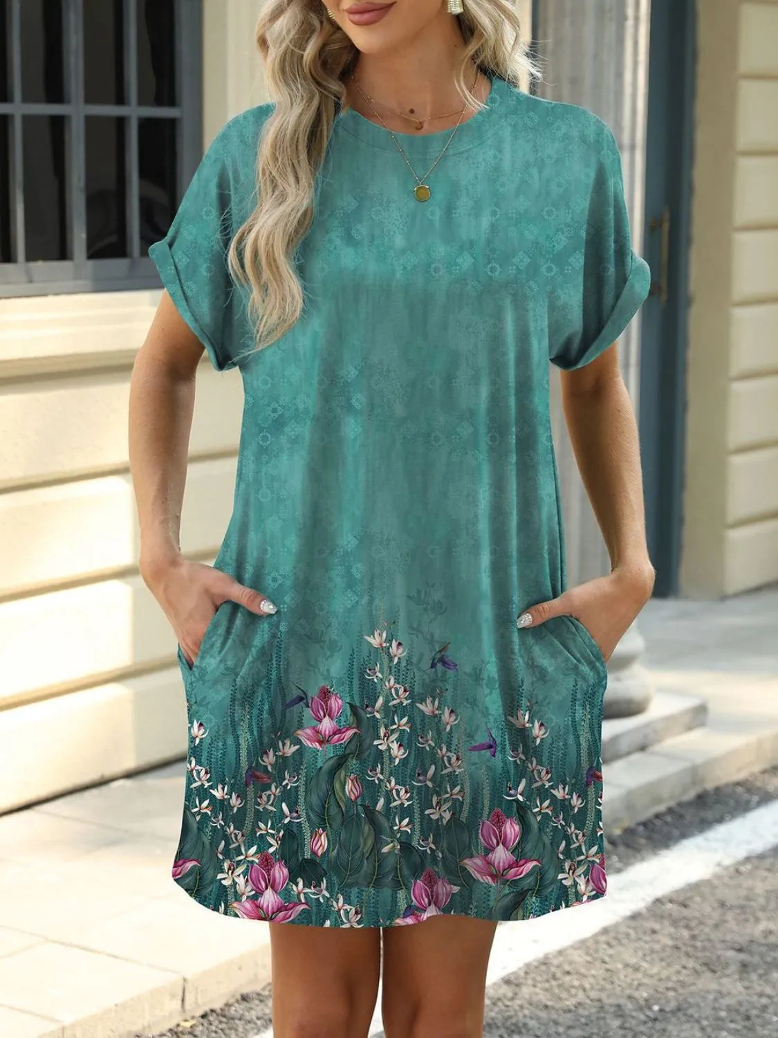 Printed Mini Dress – Pretty Round Neck Summer Chique - -