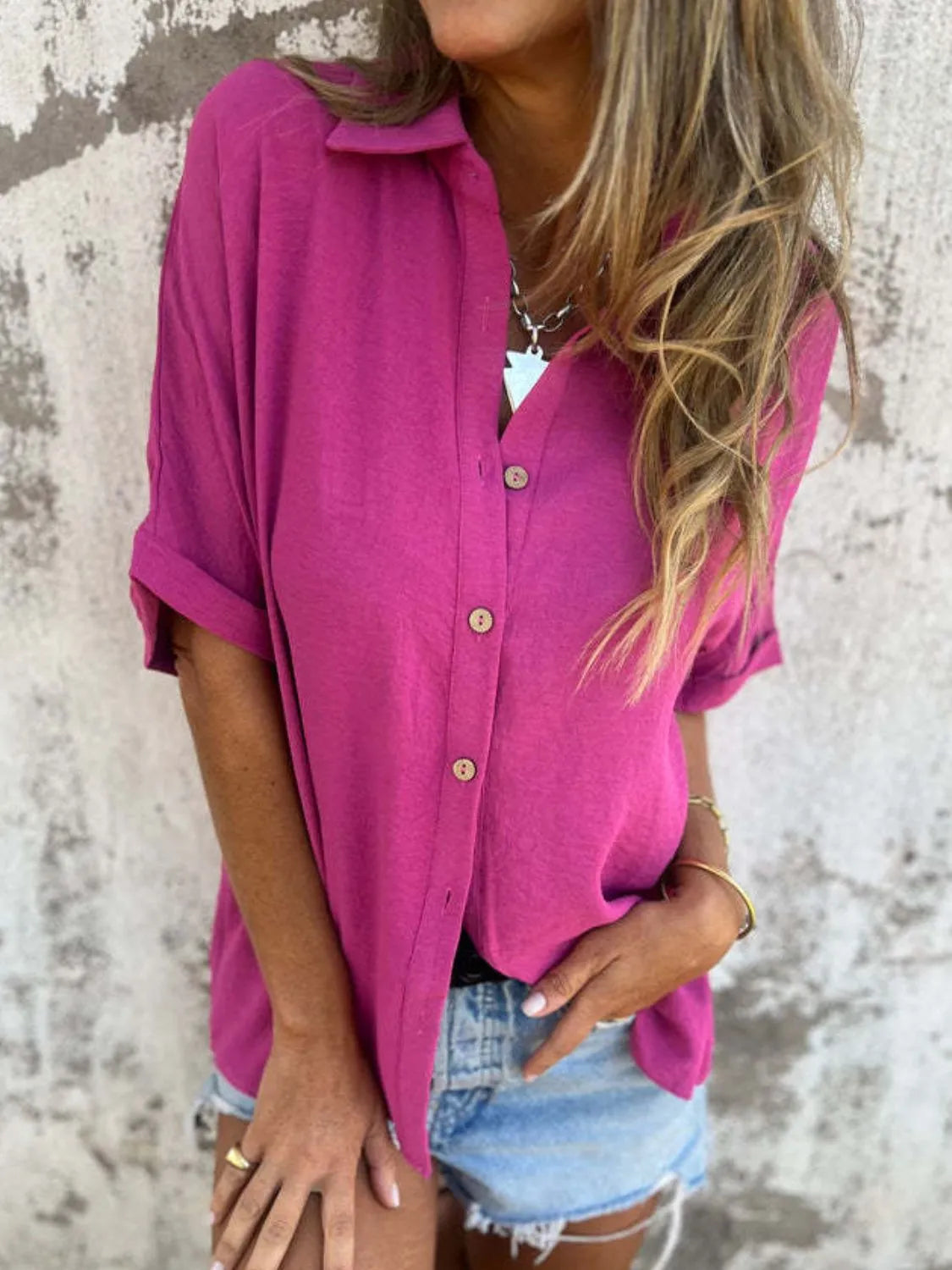 Full Size Collared Neck Half Sleeve Shirt Plus Size - -