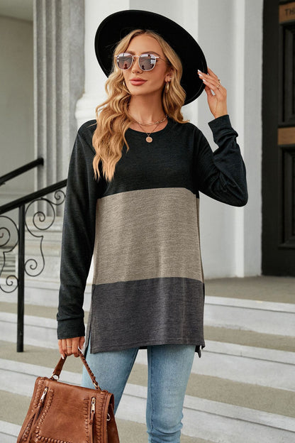 Color Block Round Neck Long Sleeve Slit T-Shirt