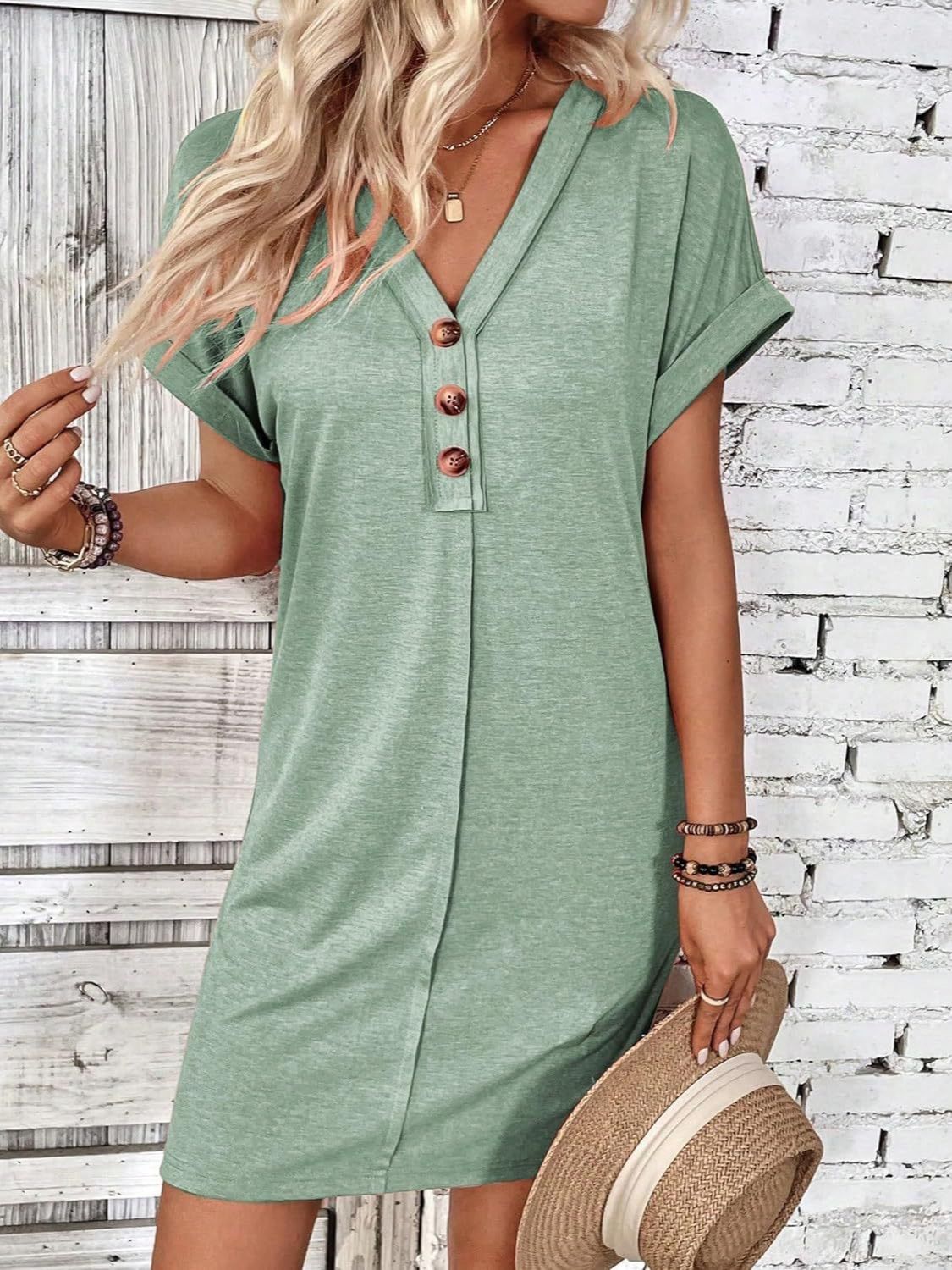 Quarter Button V-Neck Short Sleeve Dress - -