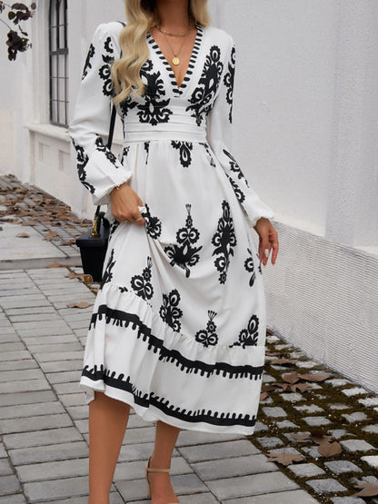 Devine Ruffled Printed Plunge Long Sleeve Dress