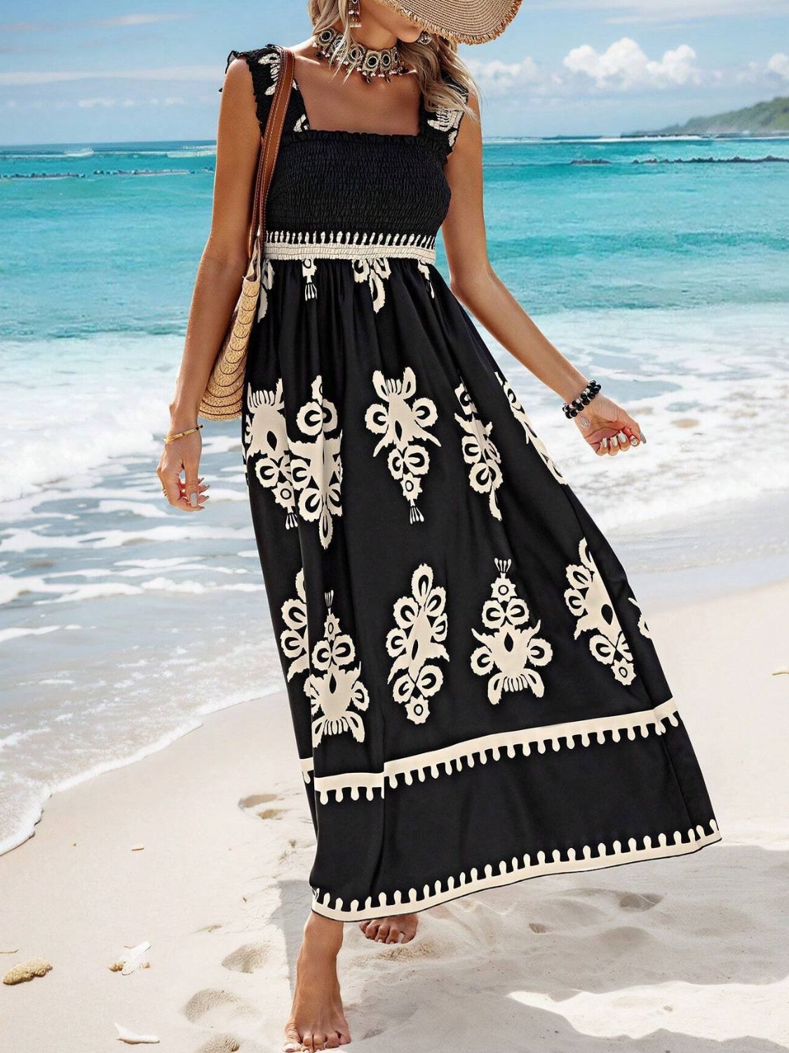 Smocked Printed Wide Strap Maxi Dress - -