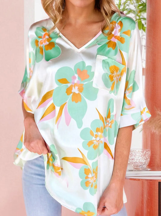 Floral Print Loose Fit V Neck Half Sleeve Blouse – | Shannon’s Chique Boutique