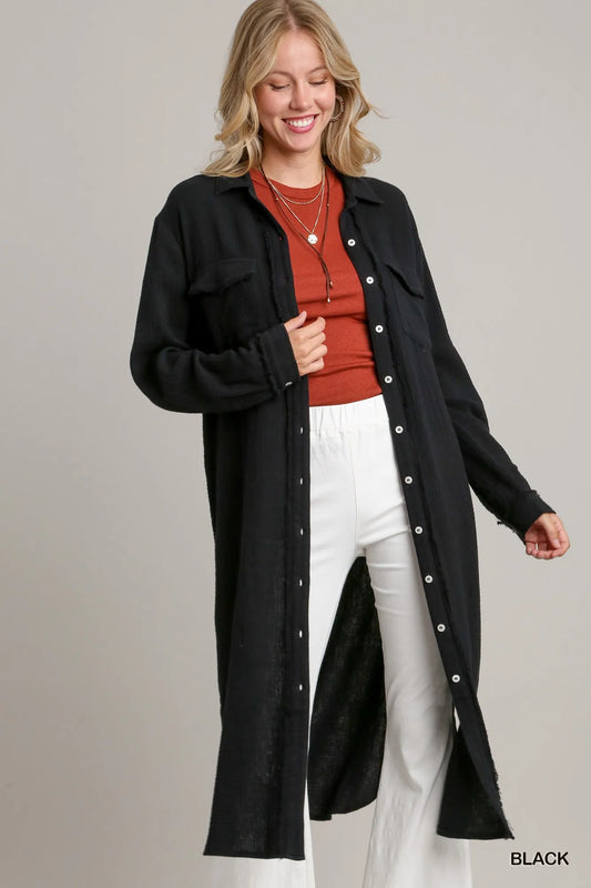 Black Rowan Gauze Shirt Dress – black long shirt dress with front buttons and soft gauze cotton fabric.