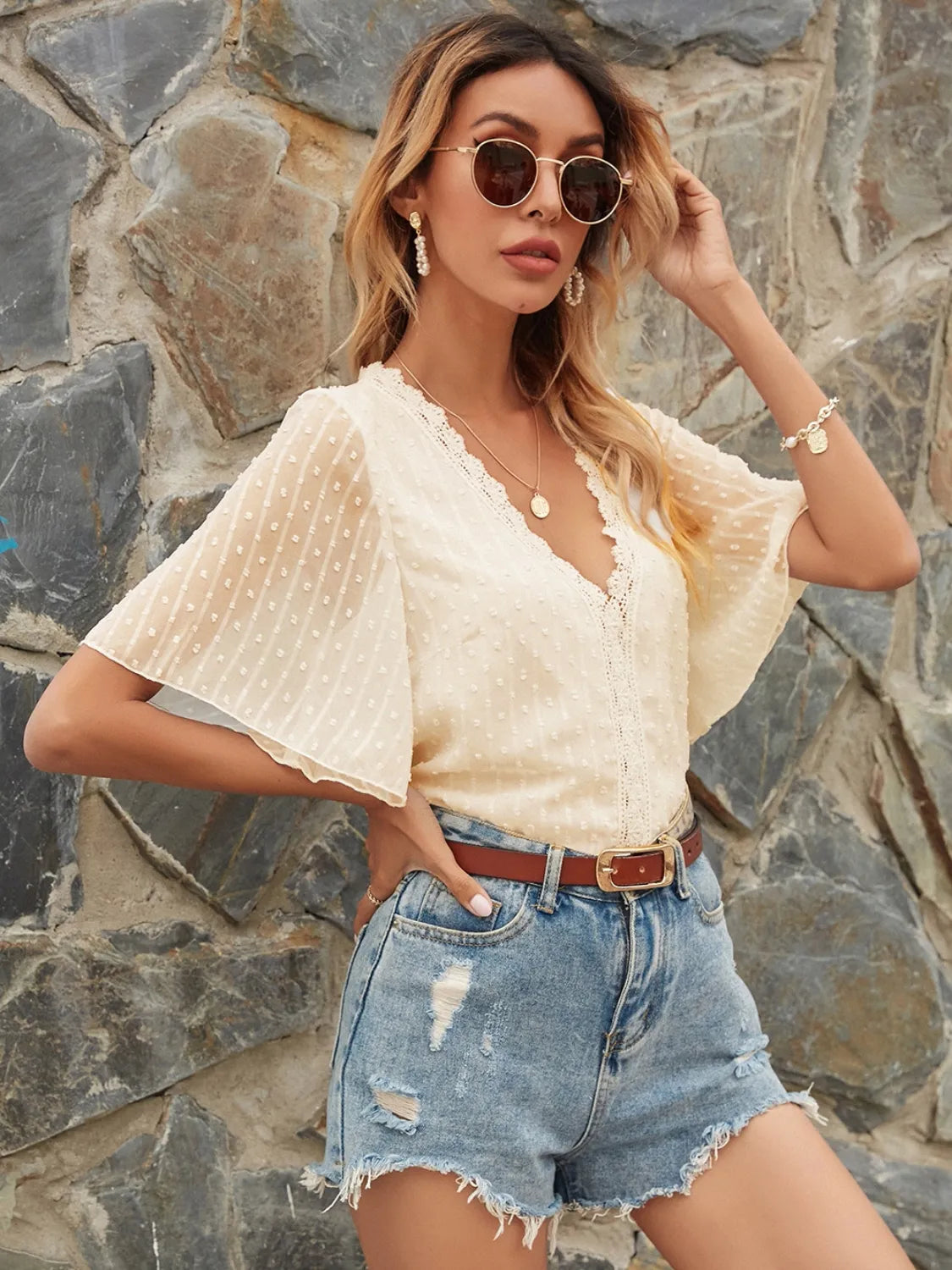 Lace Detail V-Neck Siwss Dot Blouse - -