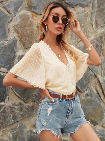 Lace Detail V-Neck Siwss Dot Blouse - -