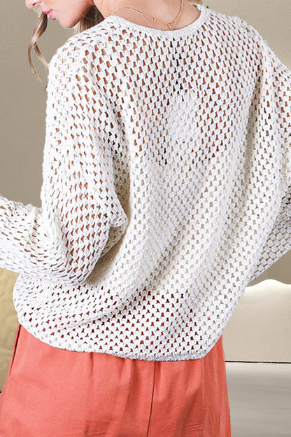 Openwork Notched Long Sleeve Knit Cover Up