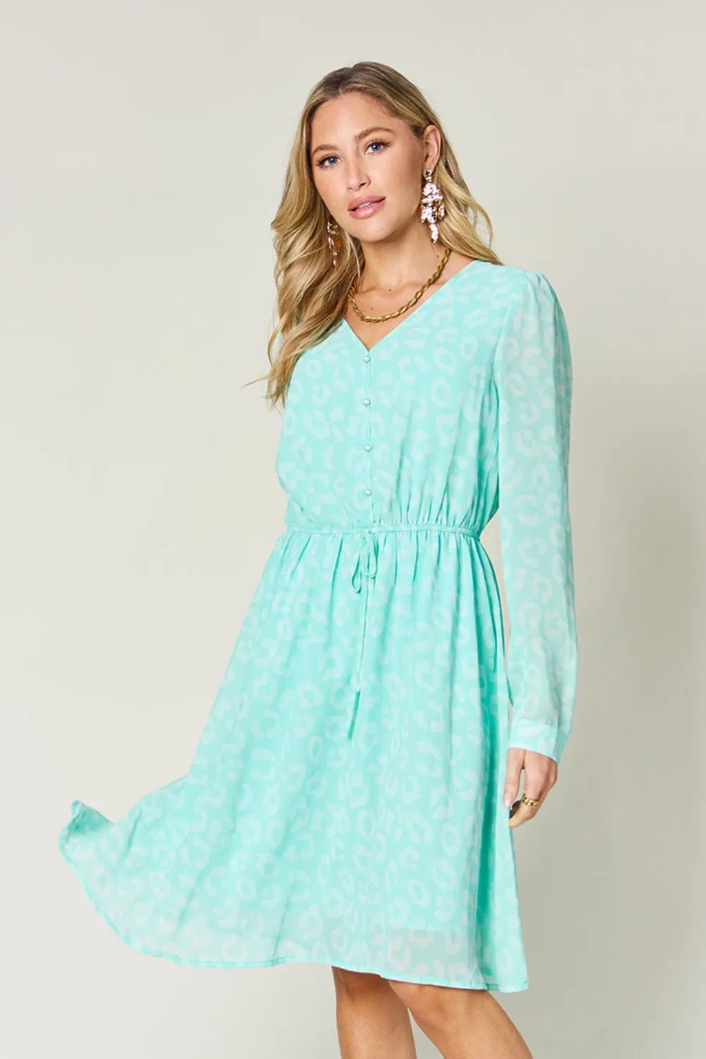 Double Take Full Size Printed Ruched V - Neck Long Sleeve Dress – | Shannon’s Chique Boutique