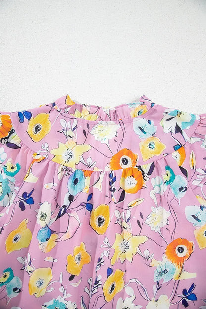 Printed Notched Double Layered Ruffle Sleeve Blouse - -