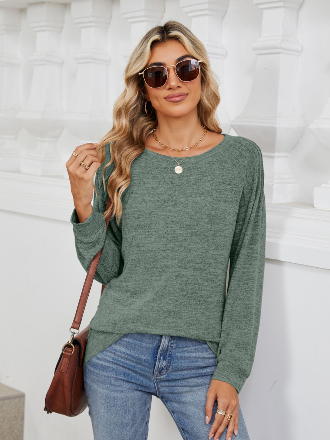 Round Neck Long Sleeve T-Shirt - -