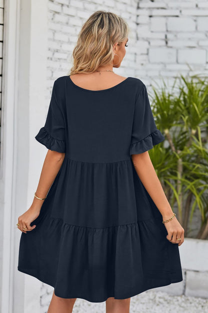 Mandy V-Neck Flounce Sleeve Tiered Dress